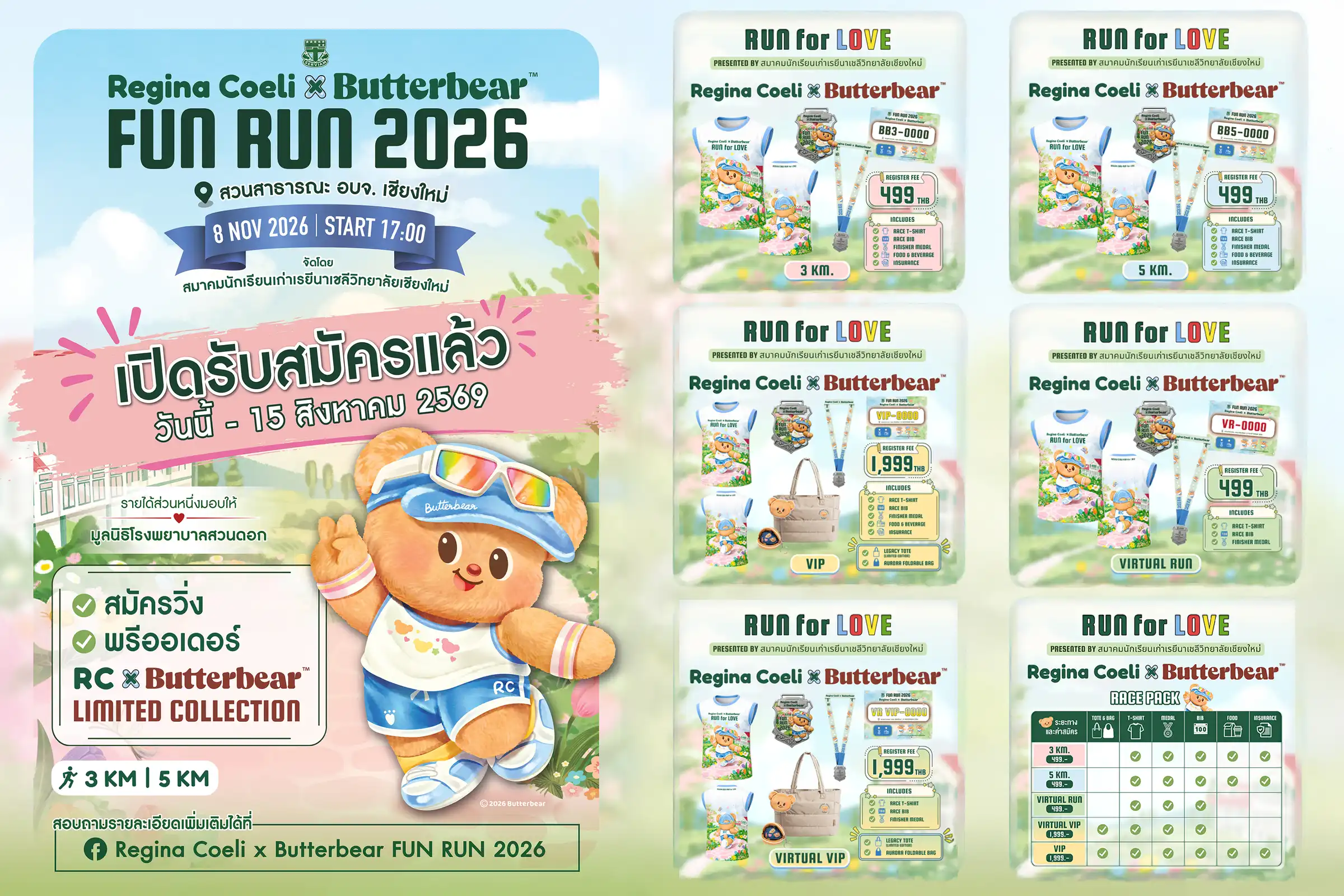 Regina Coeli x Butterbear FUN RUN 2026 — RUN for LOVE · เปิดรับสมัครแล้ว วันนี้ - 15 สิงหาคม 2569 · 8 November 2026 · สวนสาธารณะ อบจ. เชียงใหม่